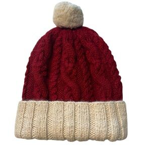 Eugenia Kim 100% Baby‎ Alpaca Cable Knit Beanie Hat Red Cream Pom Pom Winter Cap
